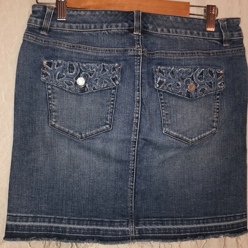 WHBM 4 Distressed Hem Indigo Denim Blue Mini Skirt